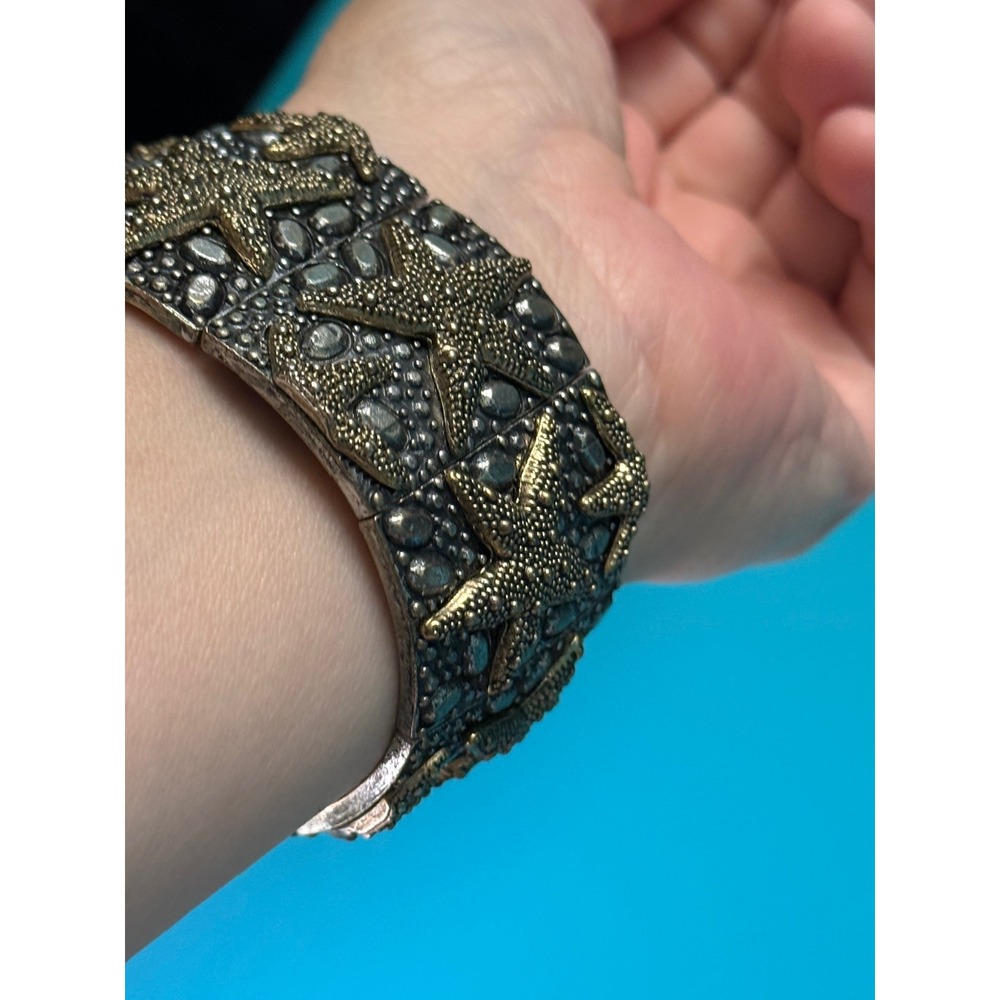 Wide Starfish Stretch Bracelet Coastal Beach Pewter Brass Statement Mermaidcore - Picture 2 of 10